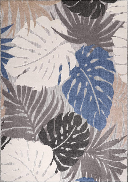 Floral Outdoor Teppich, Blau-Beige – Wetterfest, Wasserabweisend & Pflegeleicht | Balkon
