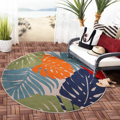 Floral Outdoor Teppich Rund, Multi – Wetterfest, Wasserabweisend & Pflegeleicht | Für Balkon, Terrasse & Garten
