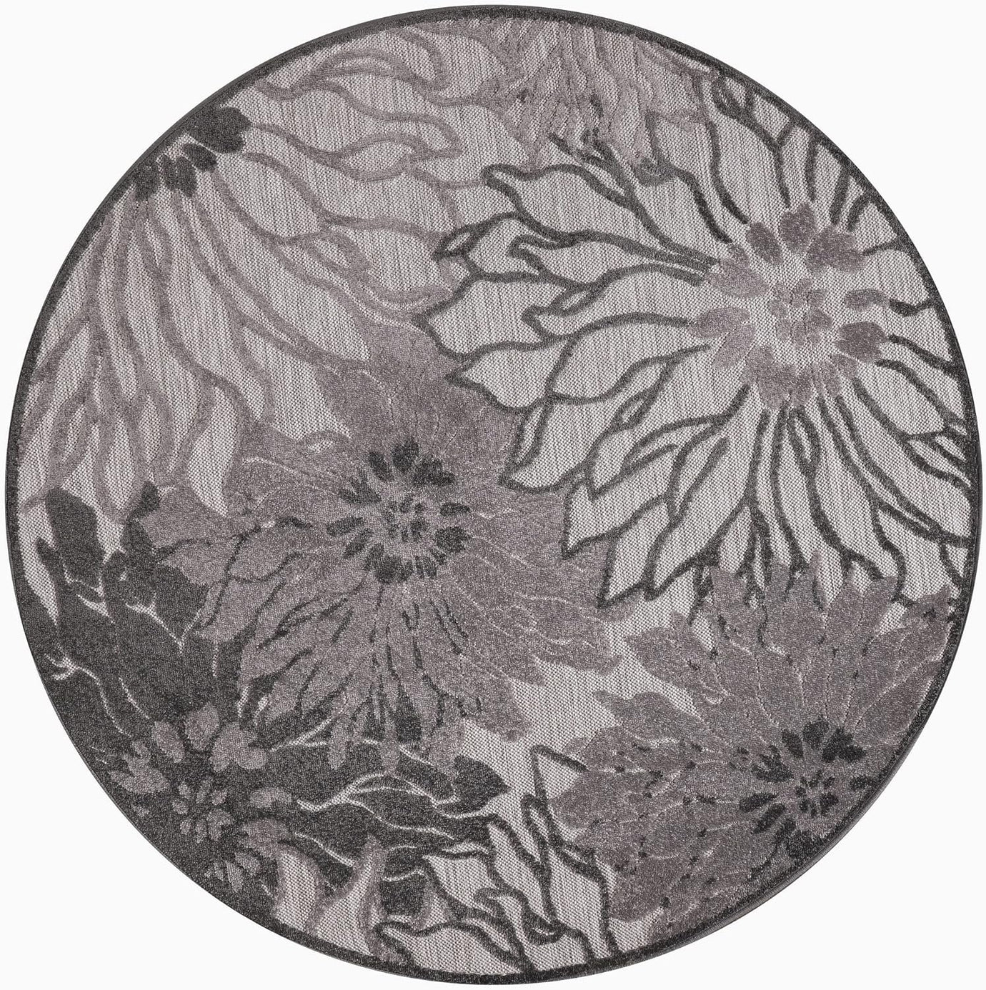 Floral Outdoor Teppich Rund, Gray – Wetterfest, Wasserabweisend & Pflegeleicht | Für Balkon, Terrasse & Garten