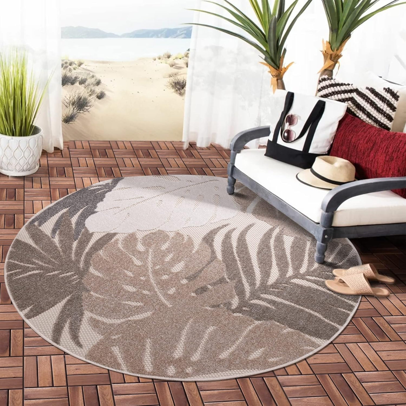 Floral Outdoor Teppich Rund, Beige – Wetterfest, Wasserabweisend & Pflegeleicht | Für Balkon, Terrasse & Garten