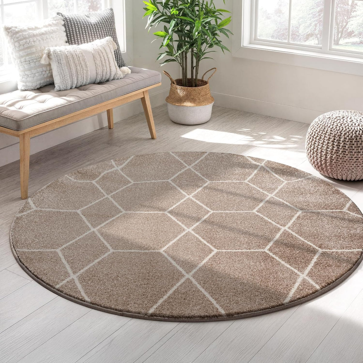 Sanat Trellis – Kurzflor-Teppich Rund Beige