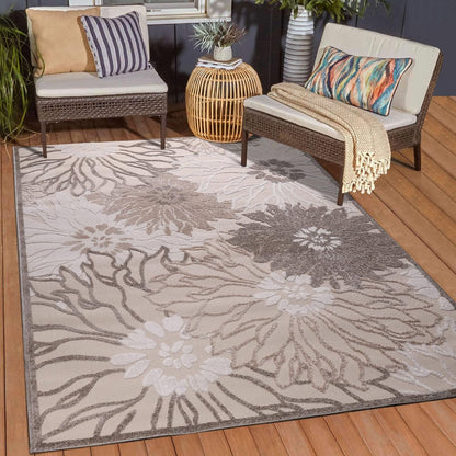 Floral Outdoor Teppich, Creme – Wetterfest, Wasserabweisend & Pflegeleicht | Balkon-terrasse-garten