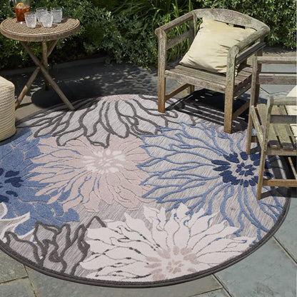 Floral Outdoor Teppich Rund, Gray-Blau – Wetterfest, Wasserabweisend & Pflegeleicht | Für Balkon, Terrasse & Garten