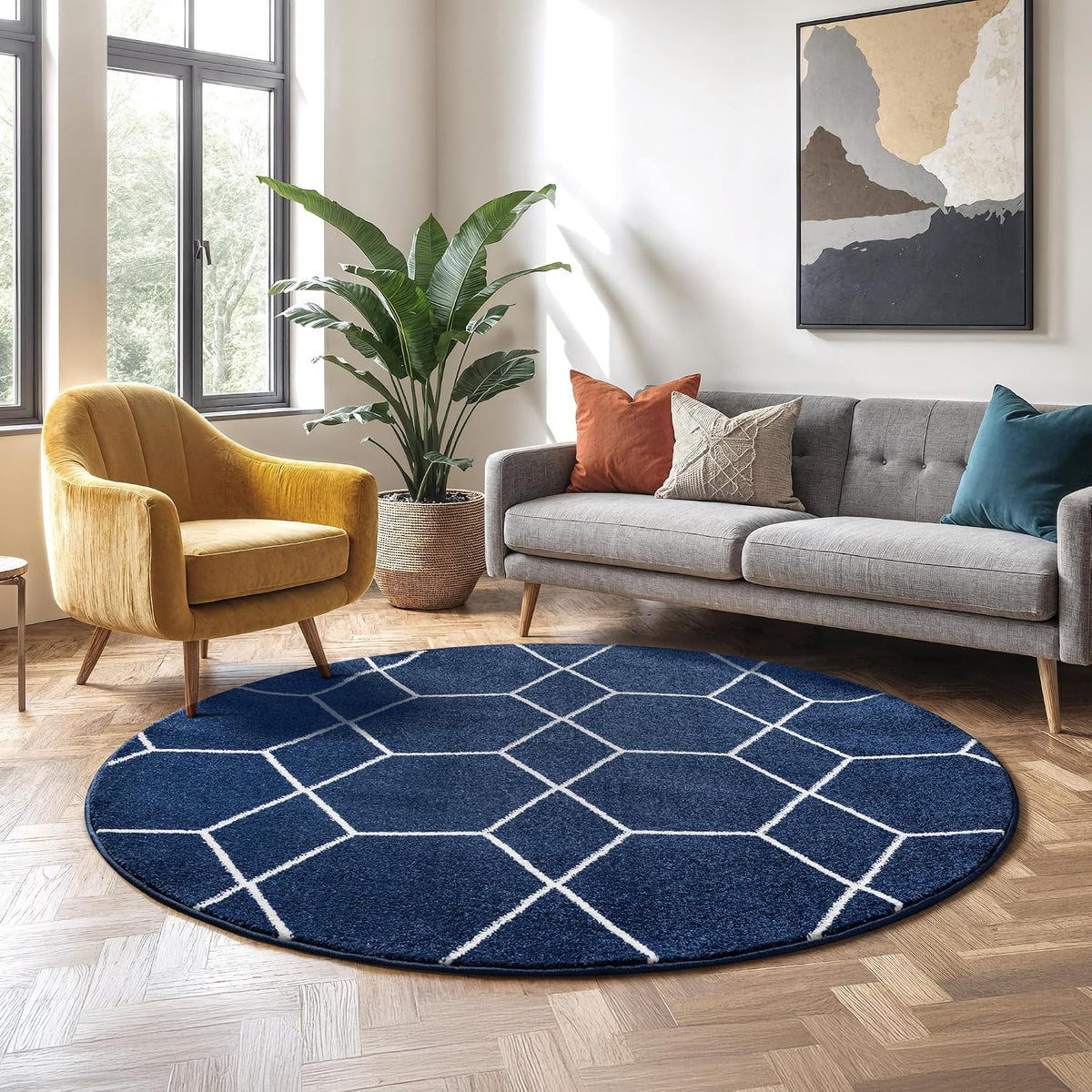Sanat Trellis – Kurzflor-Teppich Rund Marineblau
