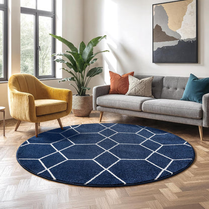 Sanat Trellis – Kurzflor-Teppich Rund Marineblau