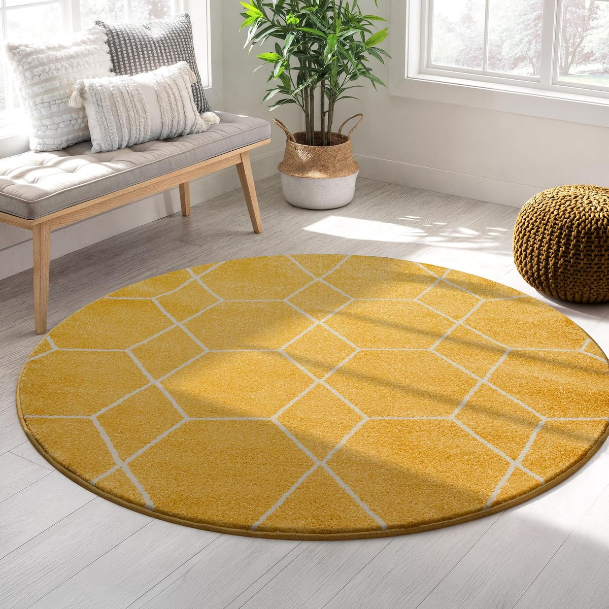 Sanat Trellis – Kurzflor-Teppich Rund Gelb