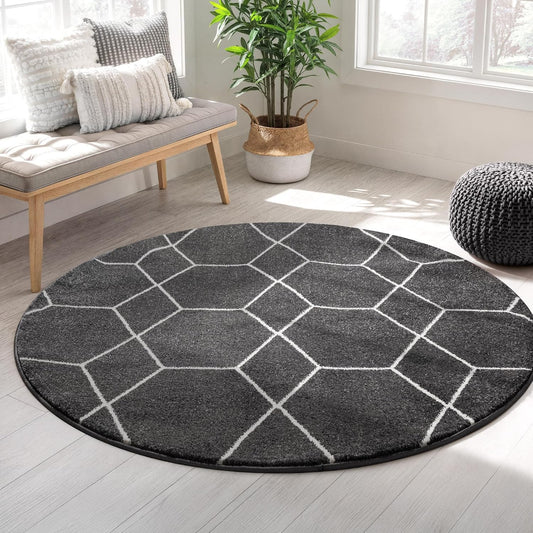 Sanat Trellis – Kurzflor-Teppich Rund Dunkelgrau