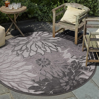 Floral Outdoor Teppich Rund, Gray – Wetterfest, Wasserabweisend & Pflegeleicht | Für Balkon, Terrasse & Garten