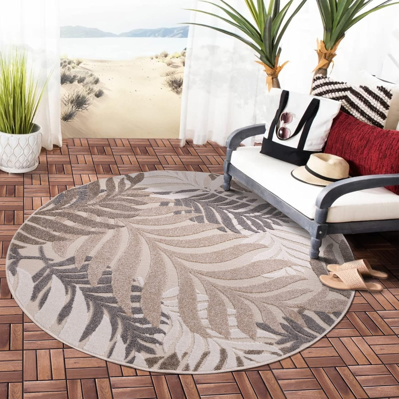 Floral Outdoor Teppich Rund, Creme– Wetterfest, Wasserabweisend & Pflegeleicht | Für Balkon, Terrasse & Garten