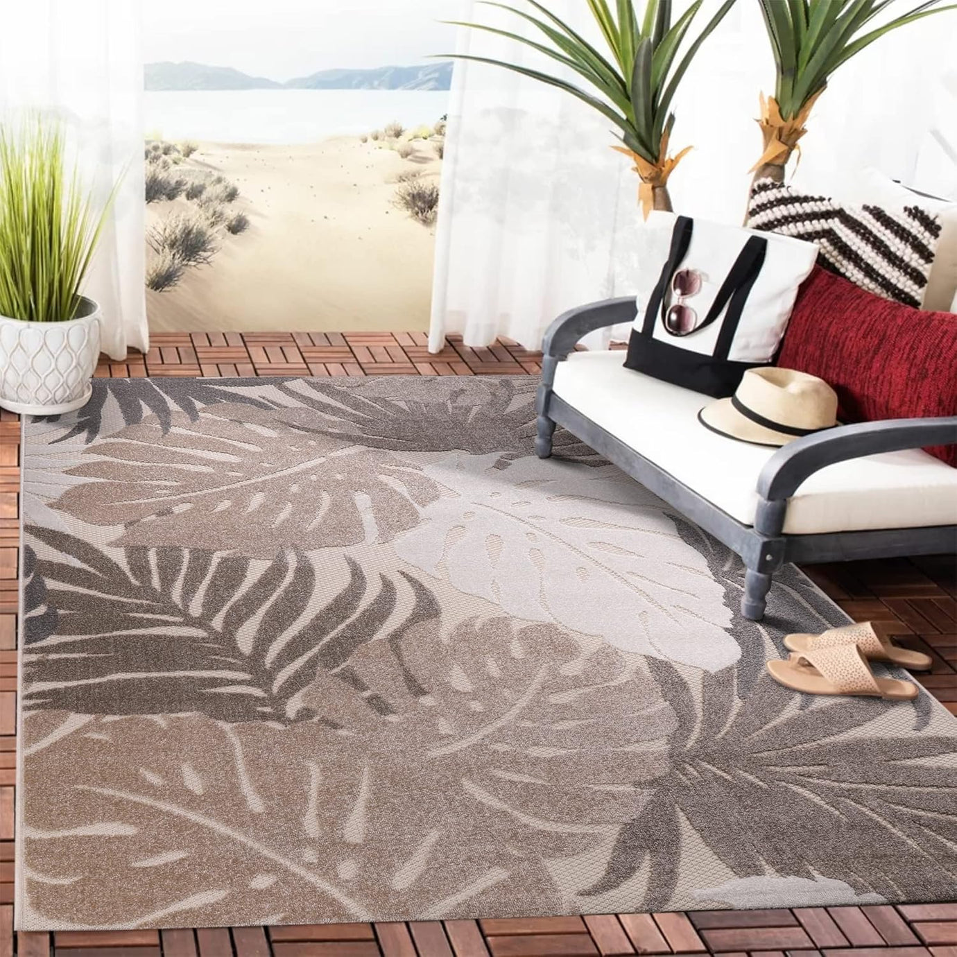 Floral Outdoor Teppich, Beige – Wetterfest, Wasserabweisend & Pflegeleicht | Balkon, Terrasse & Garten