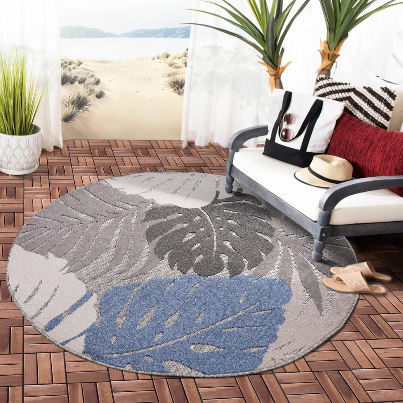 Floral Outdoor Teppich Rund, Blau-Beige – Wetterfest, Wasserabweisend & Pflegeleicht | Für Balkon, Terrasse & Garten