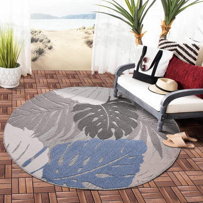 Floral Outdoor Teppich Rund, Blau-Beige – Wetterfest, Wasserabweisend & Pflegeleicht | Für Balkon, Terrasse & Garten