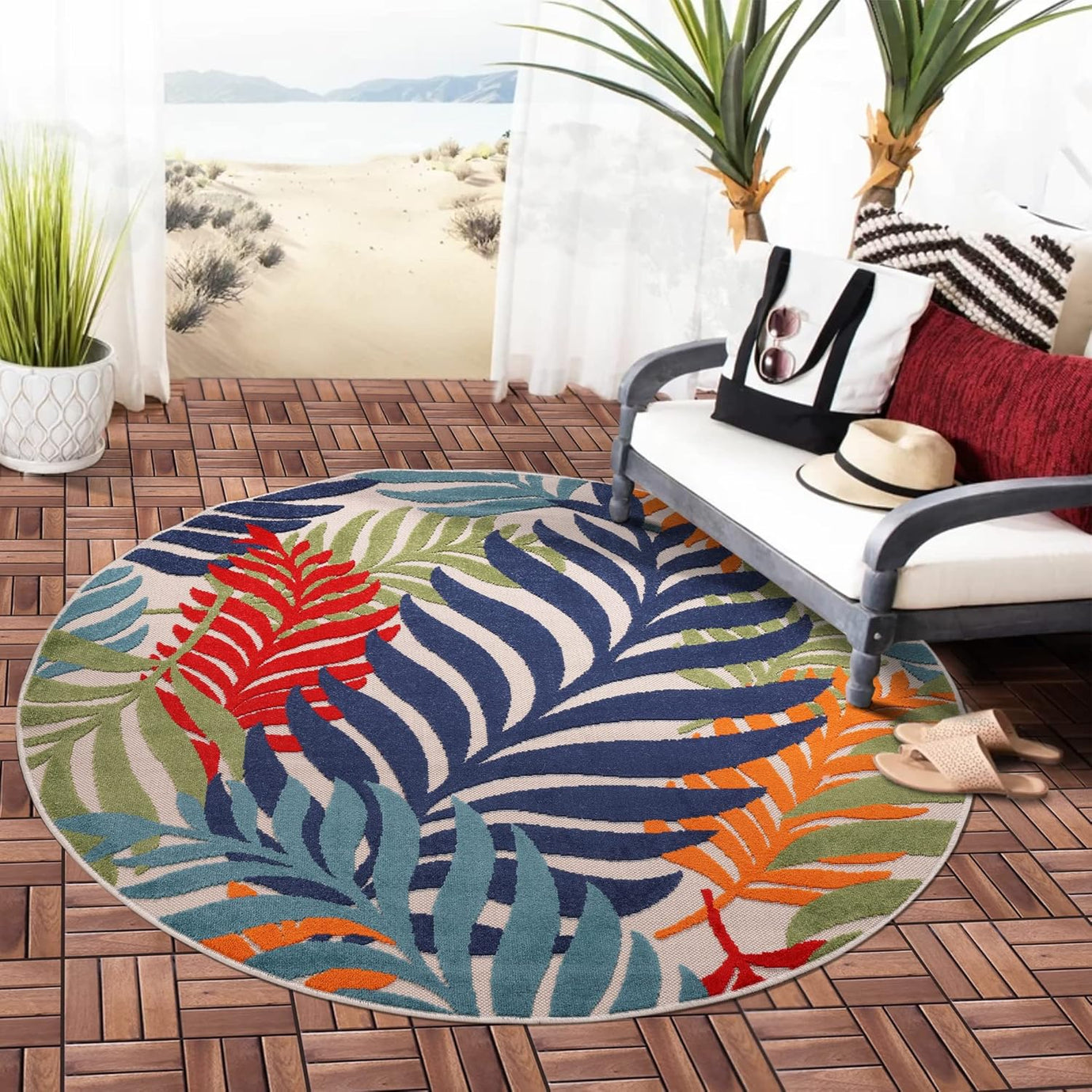 Floral Outdoor Teppich Rund, Multi – Wetterfest, Wasserabweisend & Pflegeleicht | Für Balkon, Terrasse & Garten