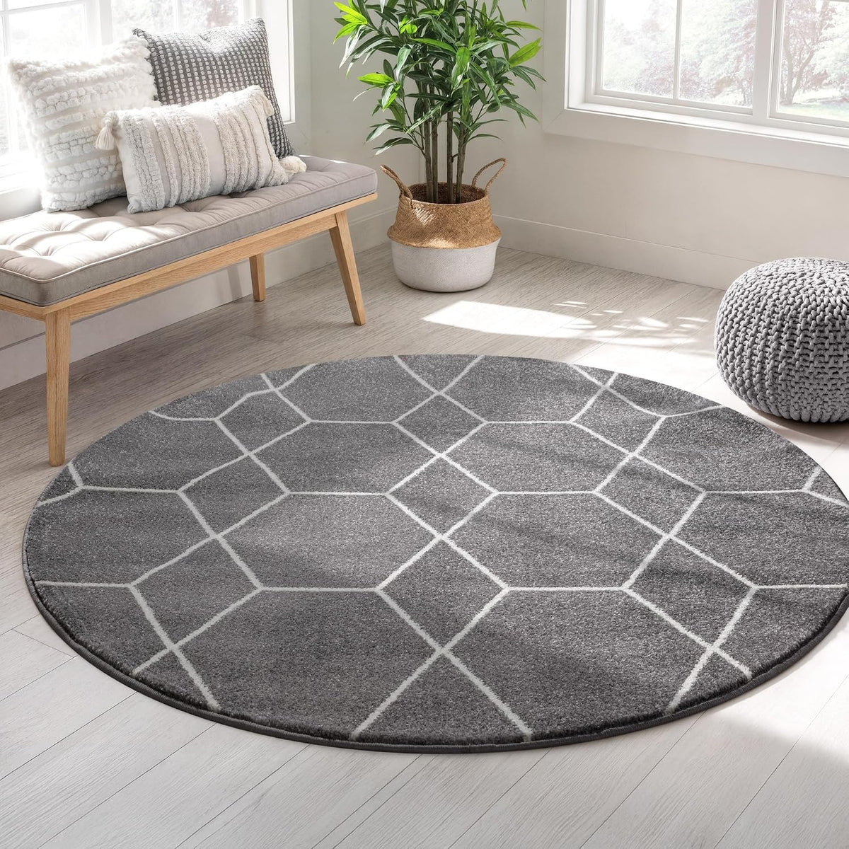 Sanat Trellis – Kurzflor-Teppich Rund Grau