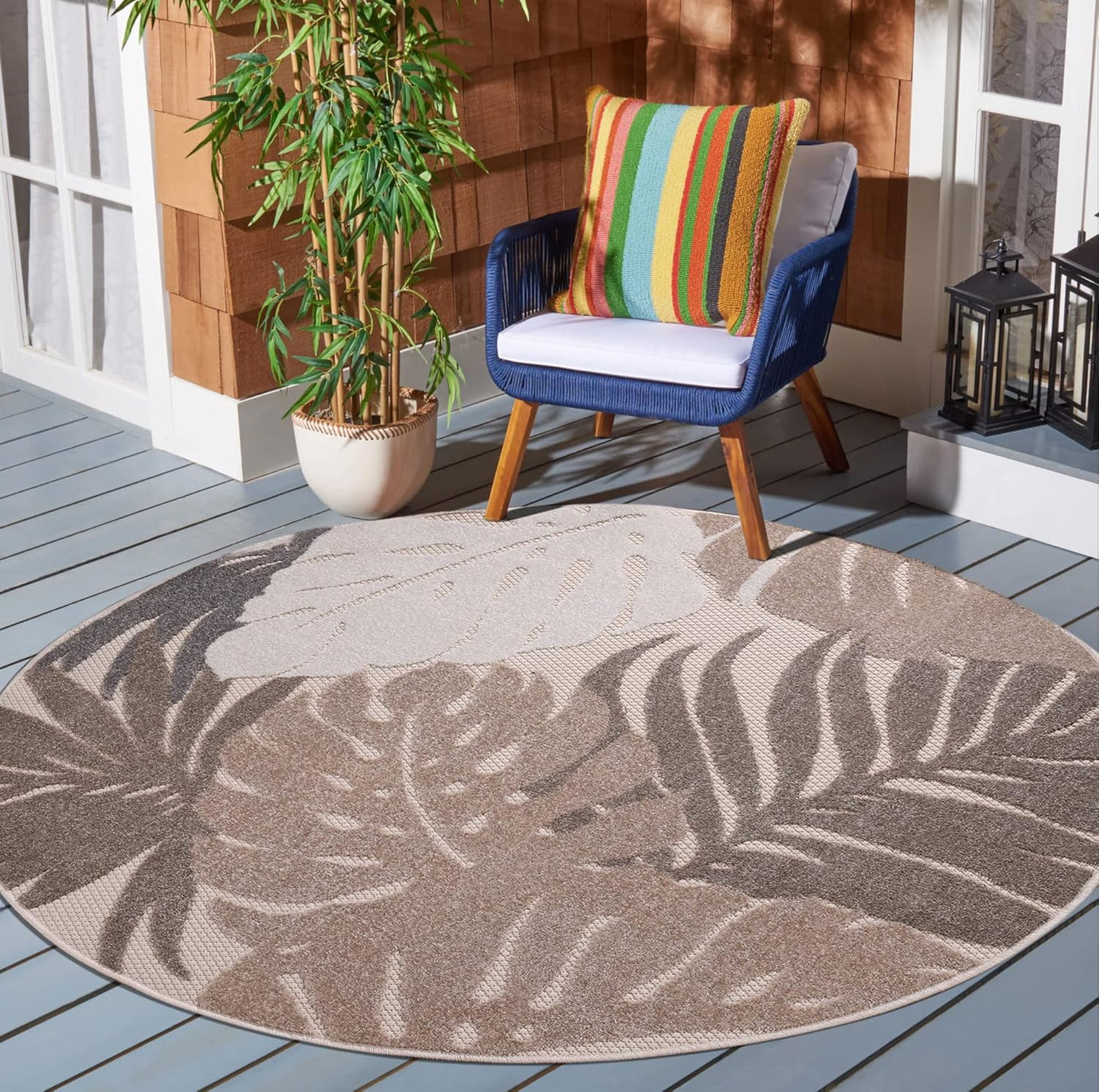 Floral Outdoor Teppich Rund, Beige – Wetterfest, Wasserabweisend & Pflegeleicht | Für Balkon, Terrasse & Garten