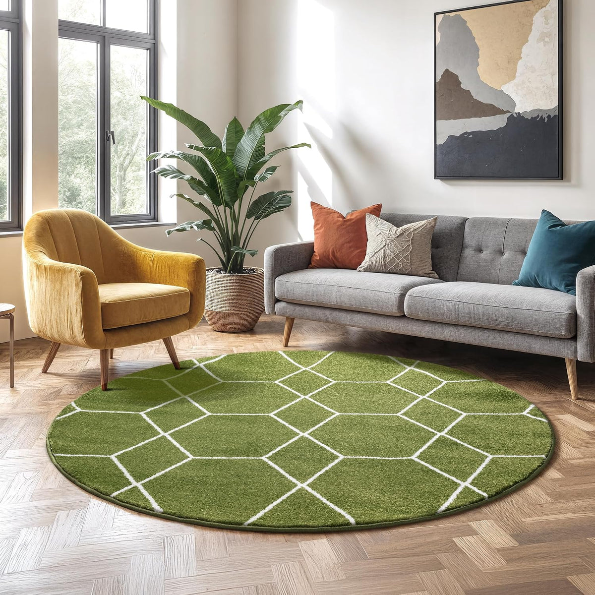 Sanat Trellis – Kurzflor-Teppich Rund Grün