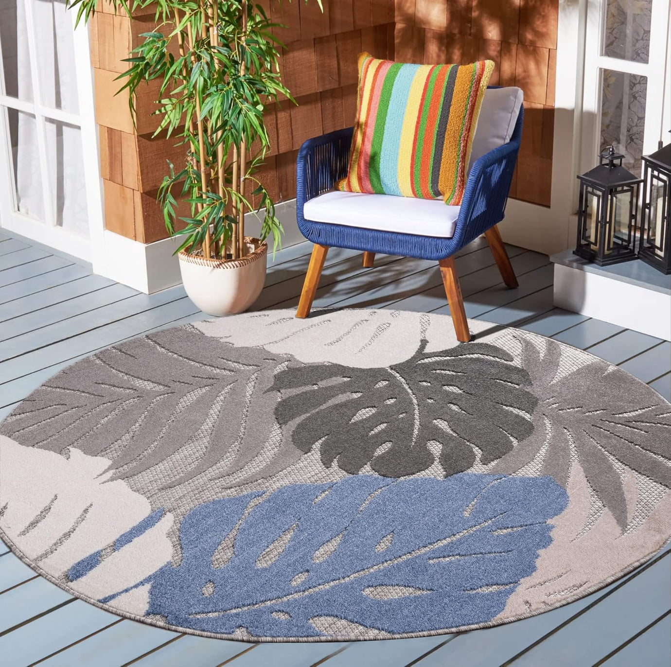 Floral Outdoor Teppich Rund, Blau-Beige – Wetterfest, Wasserabweisend & Pflegeleicht | Für Balkon, Terrasse & Garten