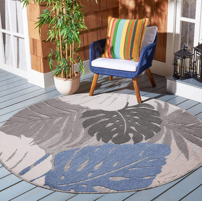 Floral Outdoor Teppich Rund, Blau-Beige – Wetterfest, Wasserabweisend & Pflegeleicht | Für Balkon, Terrasse & Garten