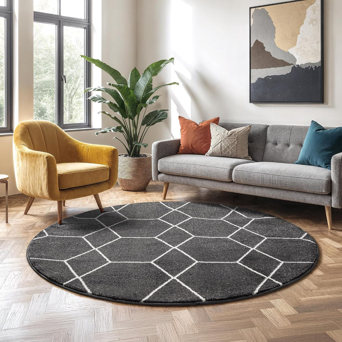 Sanat Trellis – Kurzflor-Teppich Rund Dunkelgrau