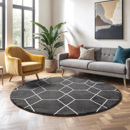 Sanat Trellis – Kurzflor-Teppich Rund Dunkelgrau