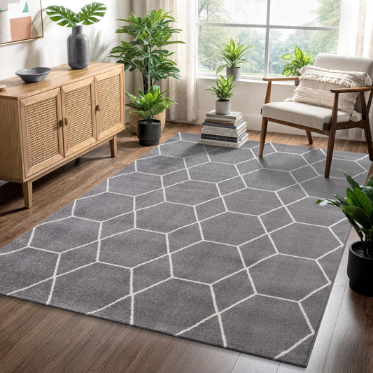 Sanat Trellis Geometrischer Kurzflor-Teppich, Gray