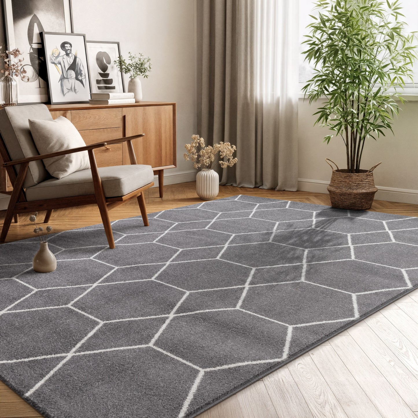Sanat Trellis Geometrischer Kurzflor-Teppich, Gray