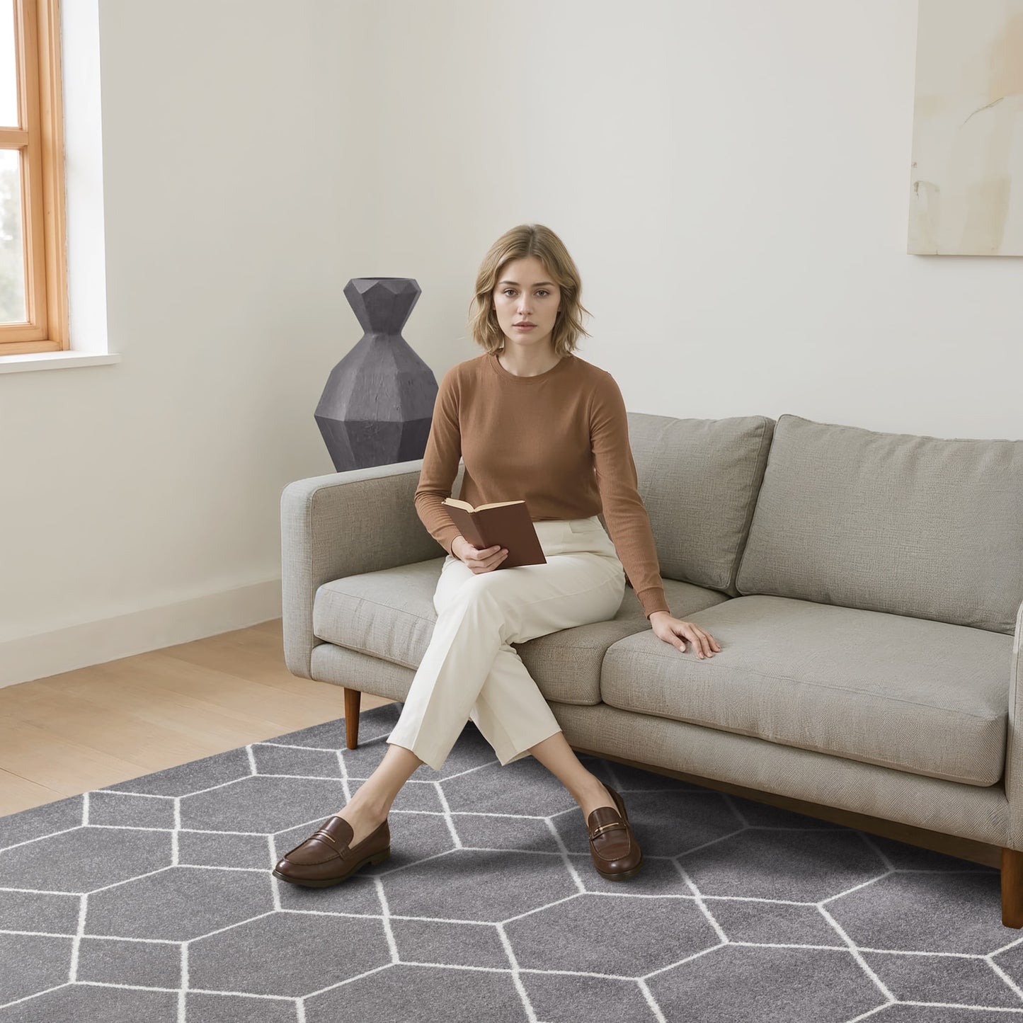 Sanat Trellis Geometrischer Kurzflor-Teppich, Gray