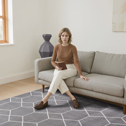 Sanat Trellis Geometrischer Kurzflor-Teppich, Gray