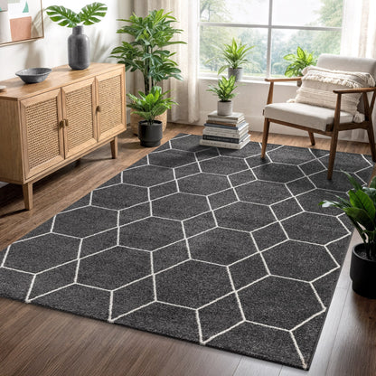 Sanat Trellis Geometrischer Kurzflor-Teppich, Dark Gray