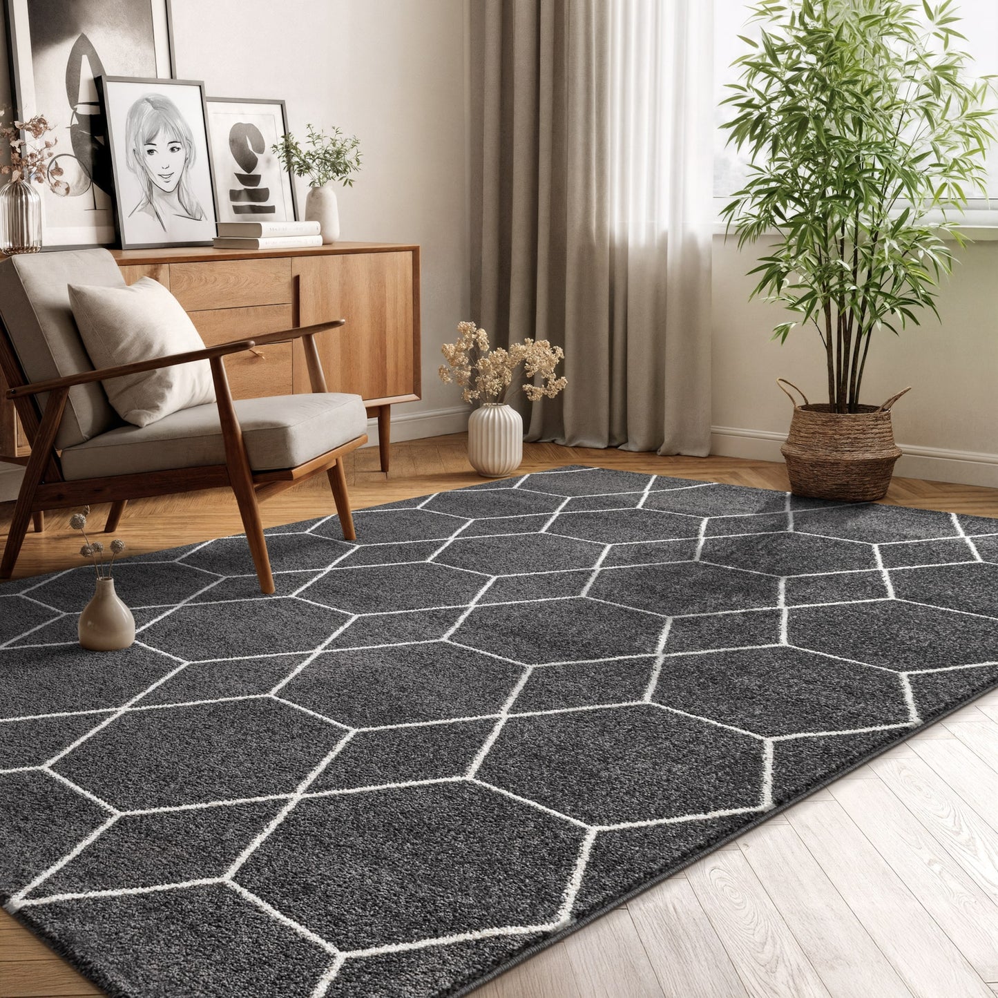 Sanat Trellis Geometrischer Kurzflor-Teppich, Dark Gray