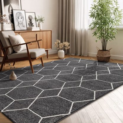 Sanat Trellis Geometrischer Kurzflor-Teppich, Dark Gray