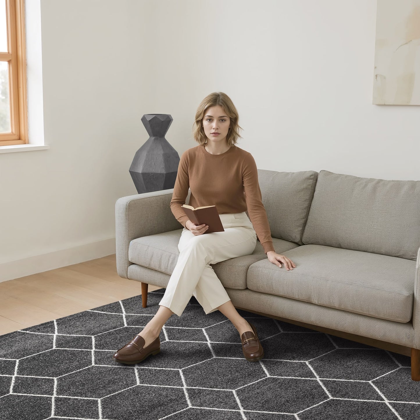 Sanat Trellis Geometrischer Kurzflor-Teppich, Dark Gray