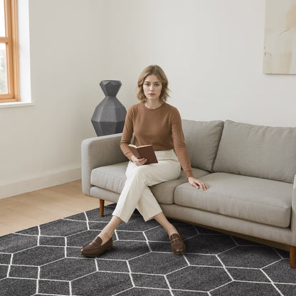Sanat Trellis Geometrischer Kurzflor-Teppich, Dark Gray