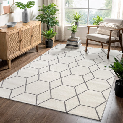 Sanat Trellis Geometrischer Kurzflor-Teppich, Cream