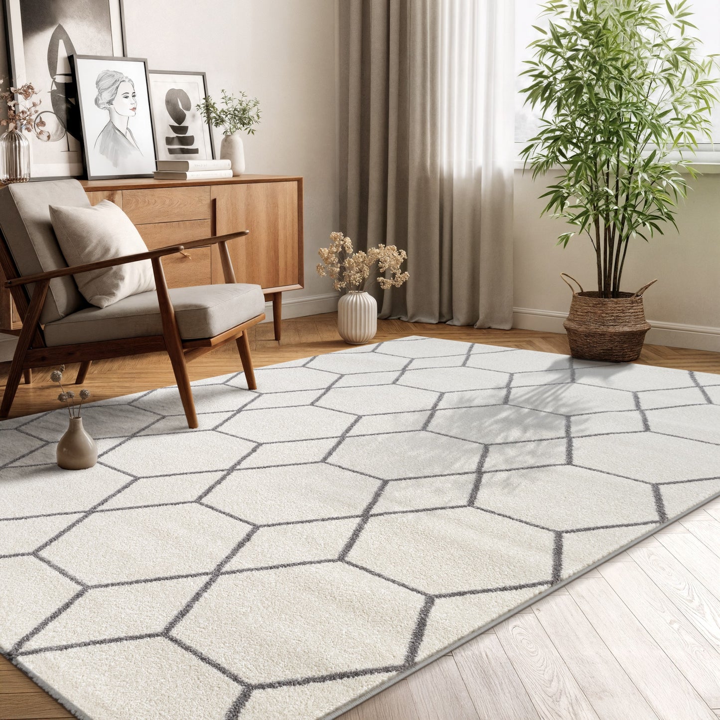 Sanat Trellis Geometrischer Kurzflor-Teppich, Cream