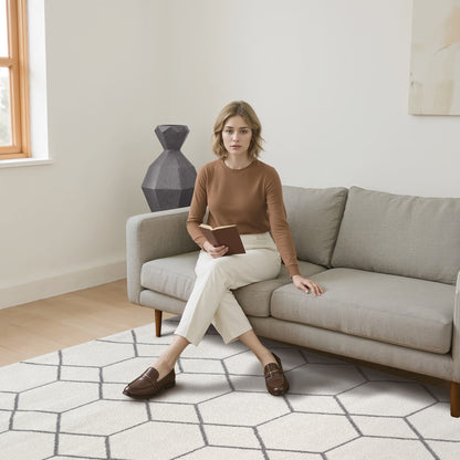 Sanat Trellis Geometrischer Kurzflor-Teppich, Cream