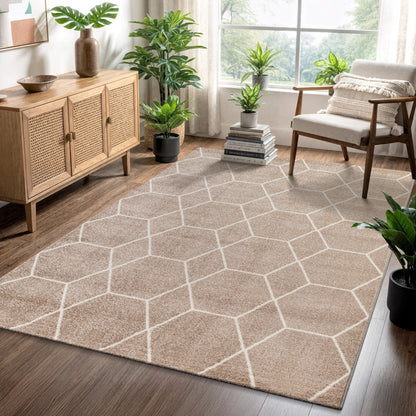 Sanat Trellis Geometrischer Kurzflor-Teppich, Beige