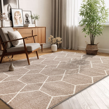 Sanat Trellis Geometrischer Kurzflor-Teppich, Beige