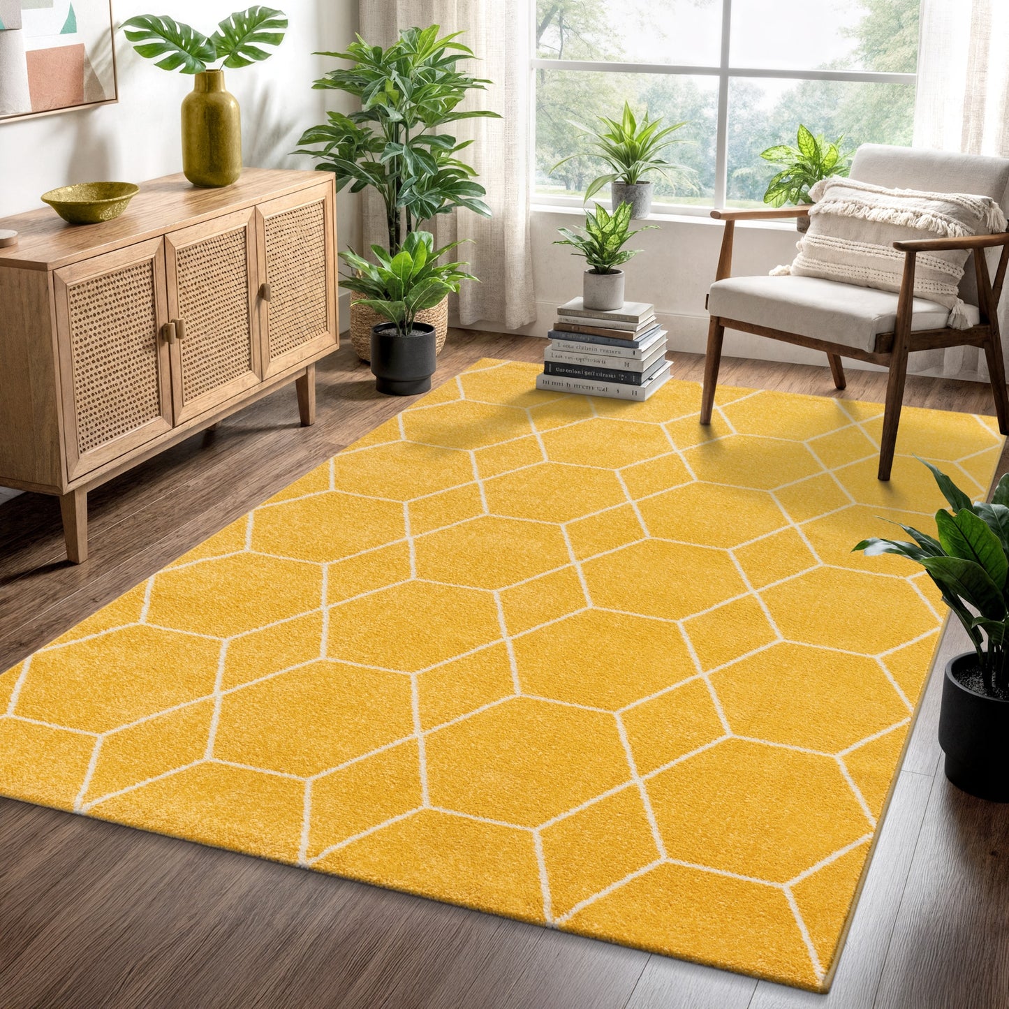 Sanat Trellis Geometrischer Kurzflor-Teppich, Yellow