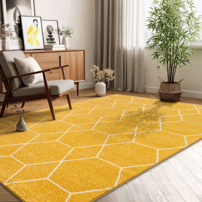 Sanat Trellis Geometrischer Kurzflor-Teppich, Yellow