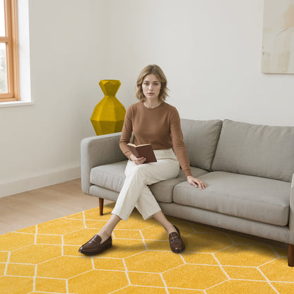 Sanat Trellis Geometrischer Kurzflor-Teppich, Yellow