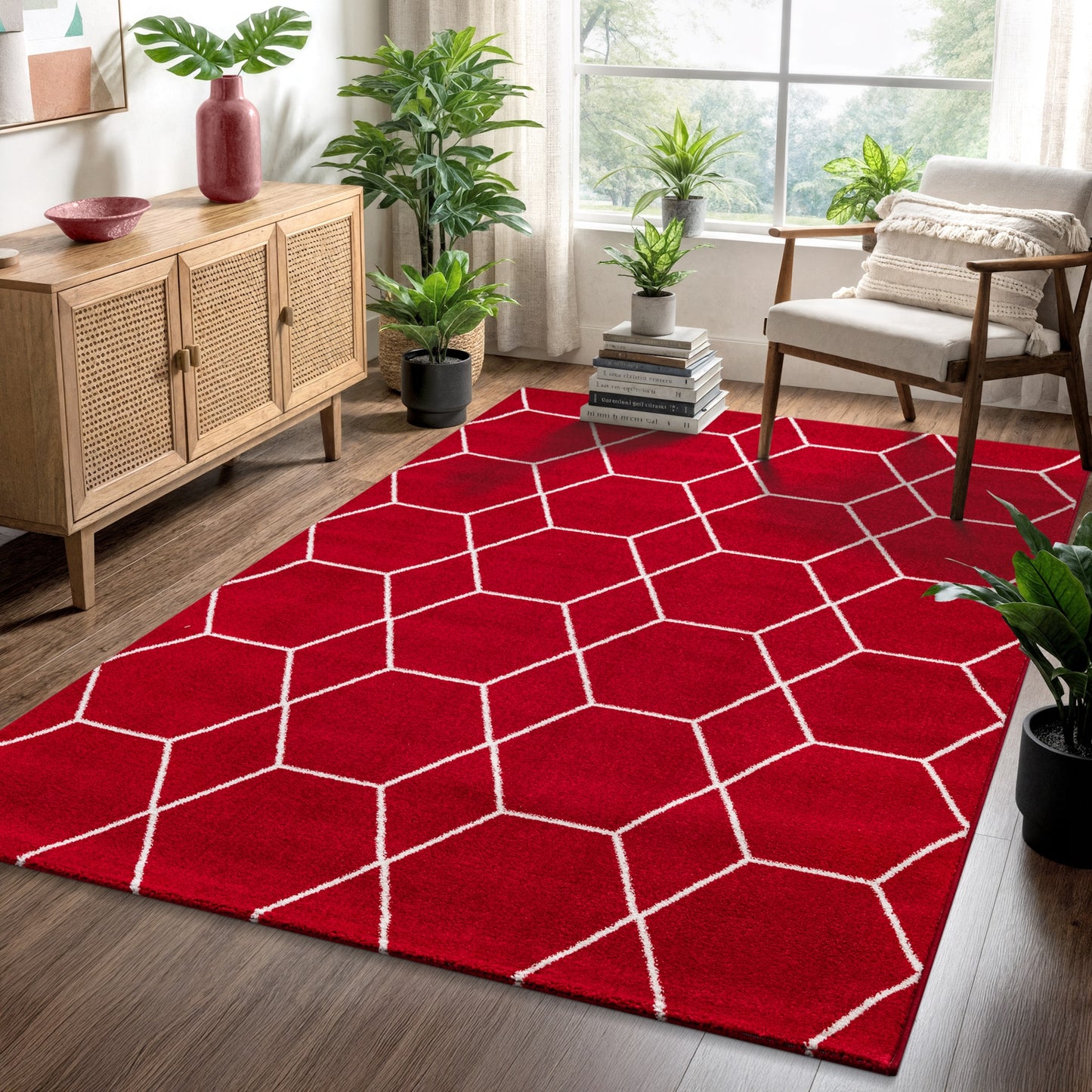 Sanat Trellis Geometrischer Kurzflor-Teppich, red