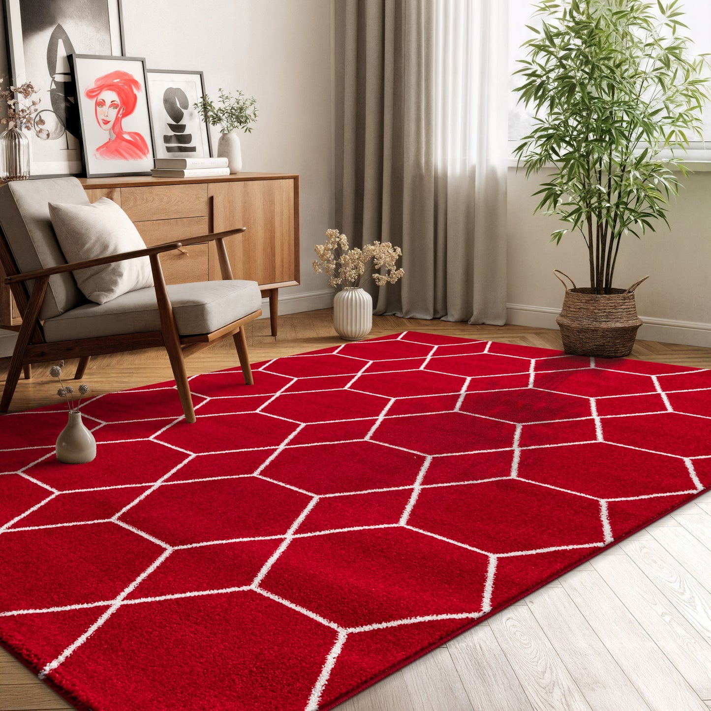 Sanat Trellis Geometrischer Kurzflor-Teppich, red