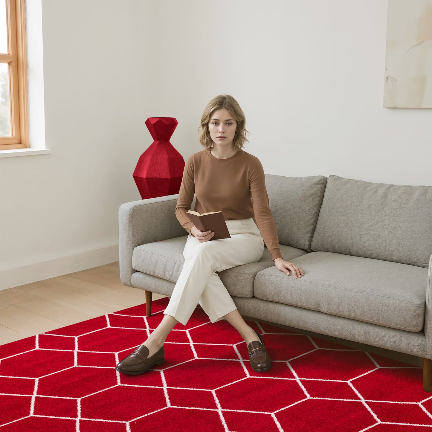 Sanat Trellis Geometrischer Kurzflor-Teppich, red
