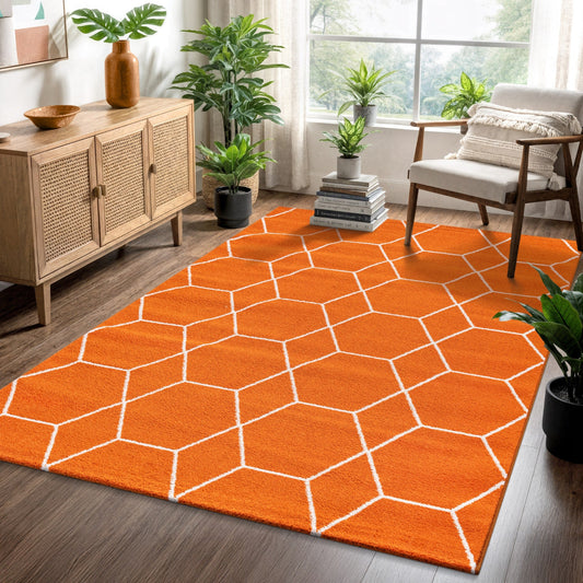 Sanat Trellis Geometrischer Kurzflor-Teppich, orange