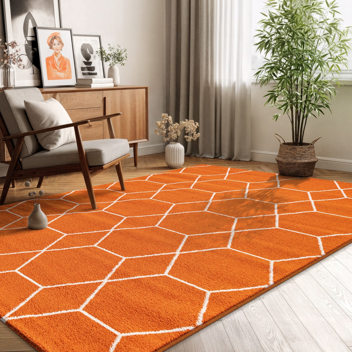 Sanat Trellis Geometrischer Kurzflor-Teppich, orange