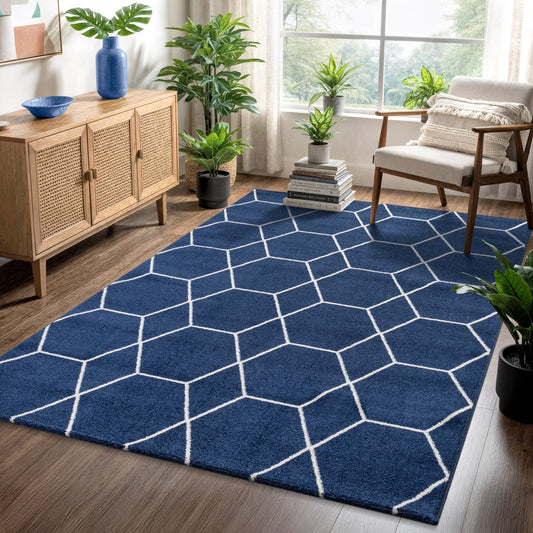 Sanat Trellis Geometrischer Kurzflor-Teppich, marineblau
