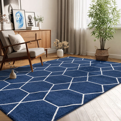 Sanat Trellis Geometrischer Kurzflor-Teppich, marineblau