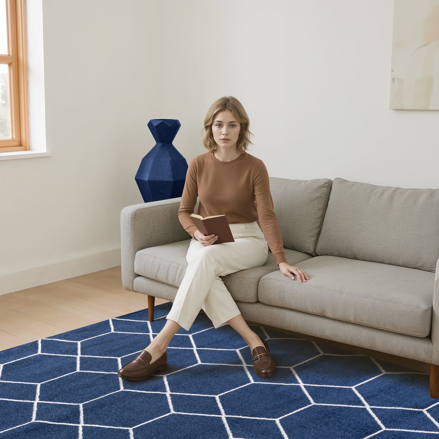 Sanat Trellis Geometrischer Kurzflor-Teppich, marineblau