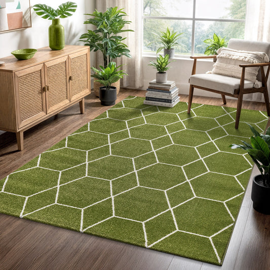 Sanat Trellis Geometrischer Kurzflor-Teppich, Green